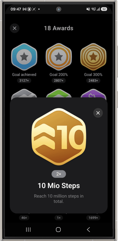 The 10 Mio Steps award in StepsApp on Android: a gold medal for reaching 10 million steps in total, earned twice