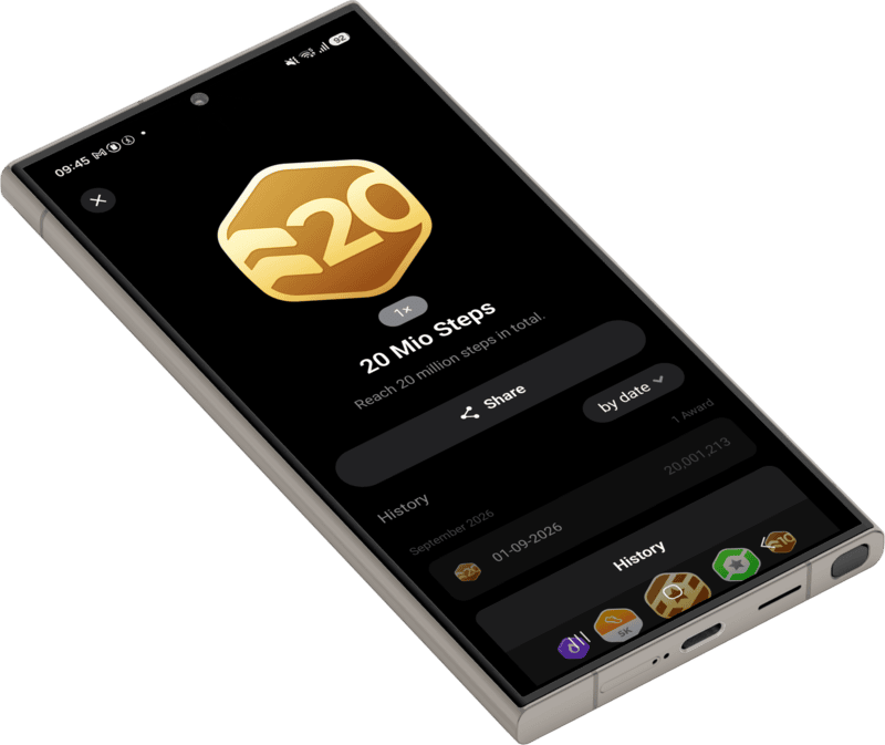 The 20 Mio Steps award opened in StepsApp on Android, showing the gold medal with its history and a share option