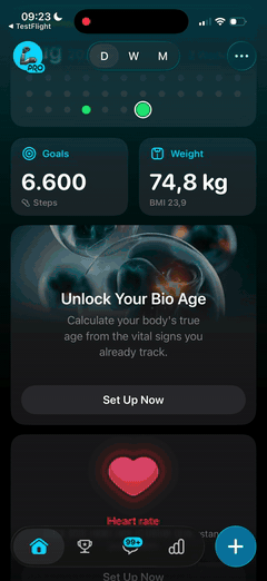 Setting up Bio-Age in StepsApp: entering birth year, importing health data, then seeing a Bio-Age of 32.2, 9.3 years younger, with VO2max, sleep and heart rate variability factors and recommendations