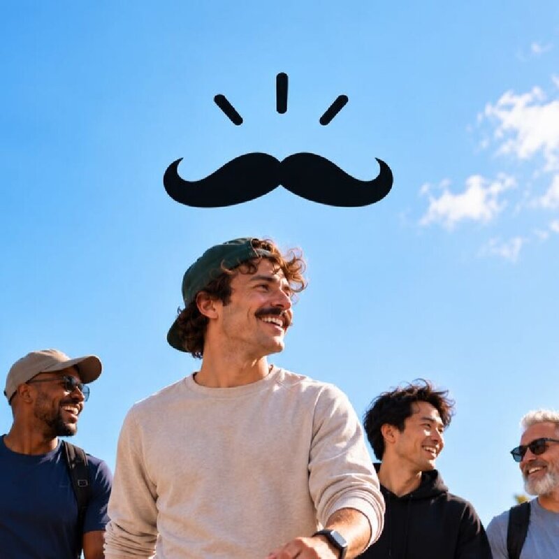 Friends walking together under a blue sky, with a Movember moustache above them