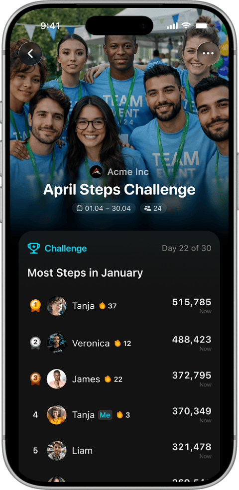 Team challenge leaderboard in StepsApp